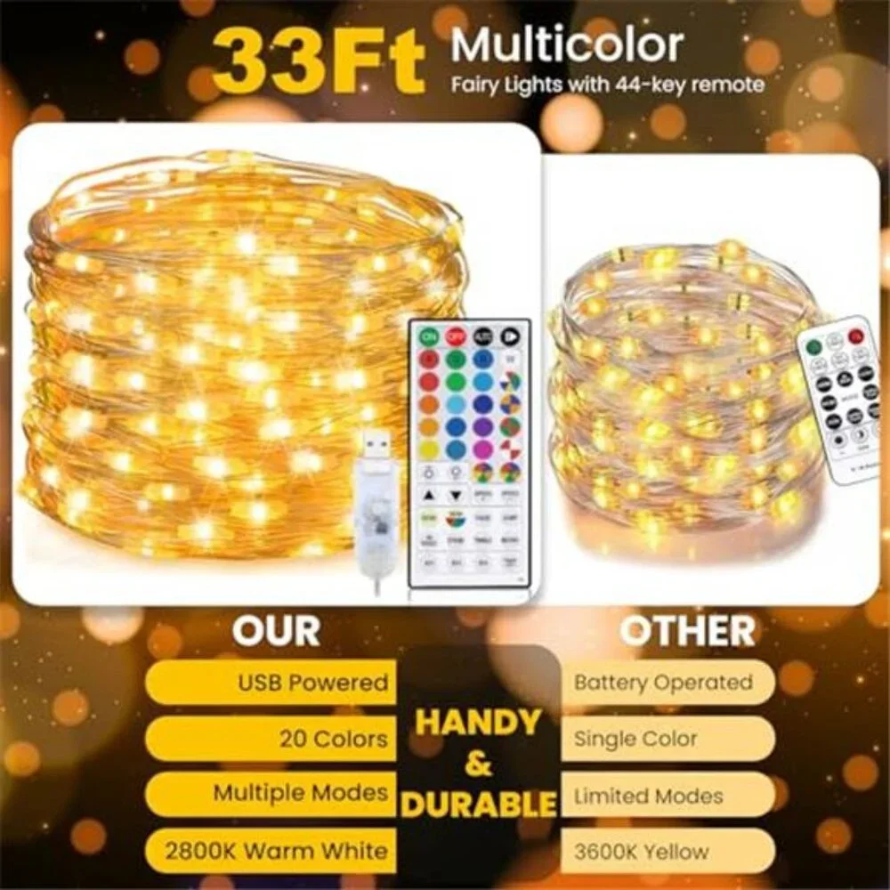 USB Fairy Lights 33ft 100 LED String Lights Remote Multicolor Twinkle Party